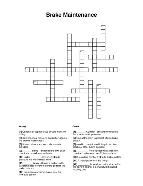Brake Maintenance Crossword Puzzle