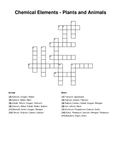 Chemical Elements - Plants and Animals Crossword Puzzle