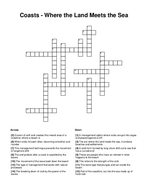 Coasts - Where the Land Meets the Sea Crossword Puzzle
