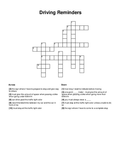 Driving Reminders Crossword Puzzle