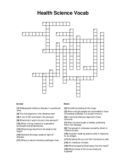 Health Science Vocab Crossword Puzzle