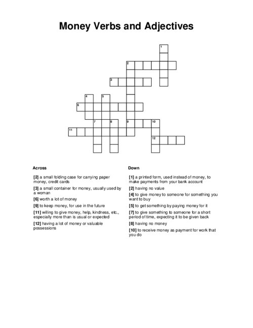 Money Verbs and Adjectives Crossword Puzzle