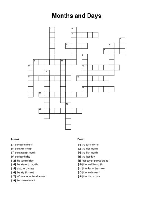 Months And Days Crossword Puzzle
