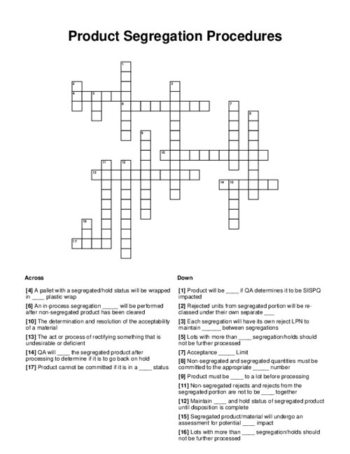 Product Segregation Procedures Crossword Puzzle