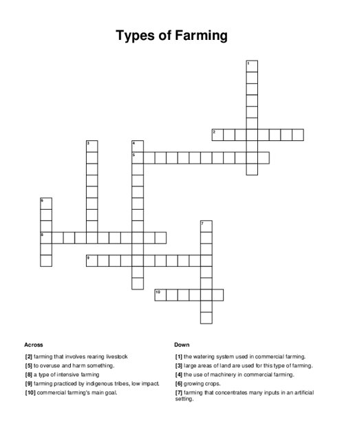Types of Farming Crossword Puzzle