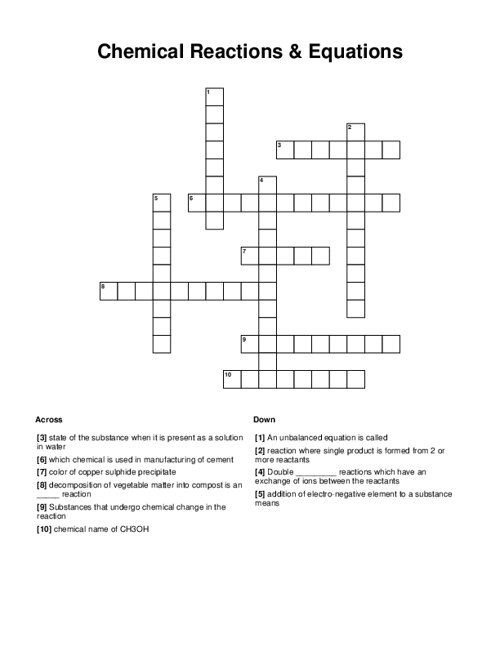 Chemical Reactions & Equations Crossword Puzzle