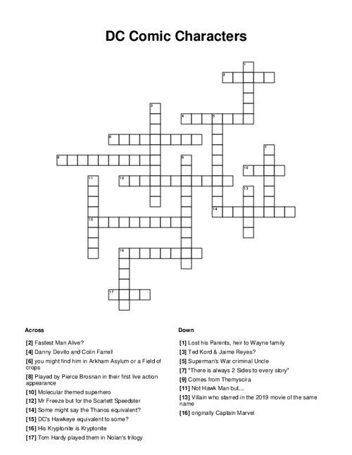 DC Comic Characters Crossword Puzzle