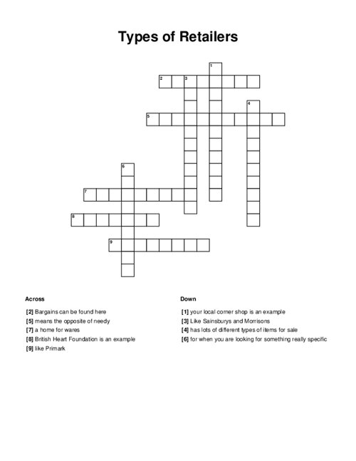 Types of Retailers Crossword Puzzle