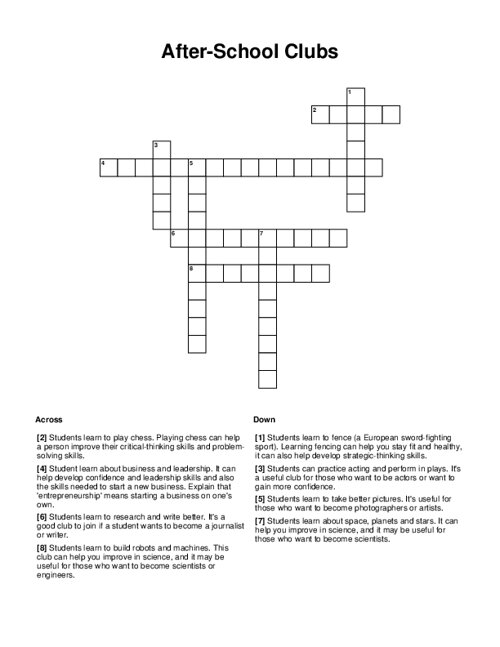 After School Clubs Crossword