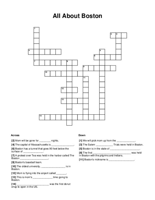 All About Boston Crossword Puzzle
