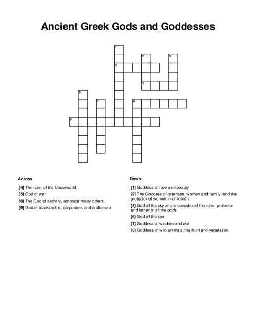 Ancient Greek Gods and Goddesses Crossword Puzzle