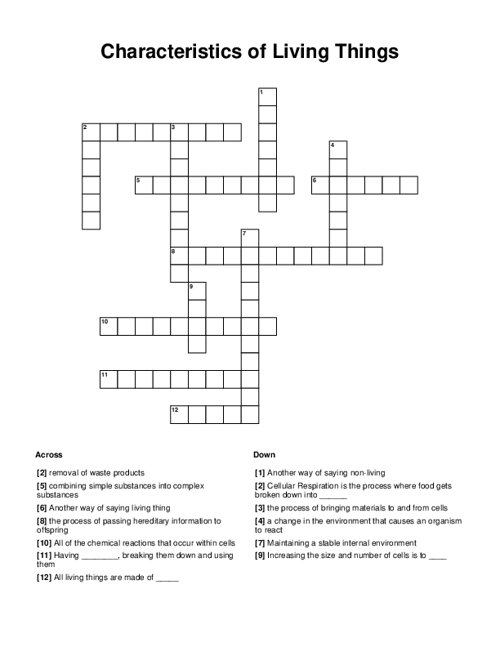 Characteristics Of Living Things Crossword