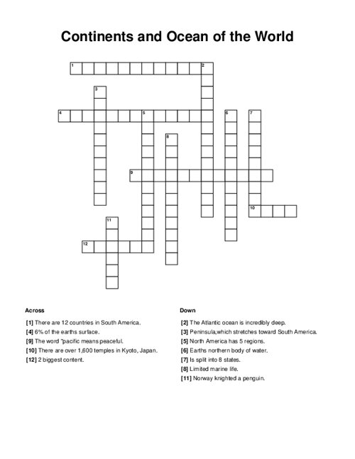 Continents and Ocean of the World Crossword Puzzle