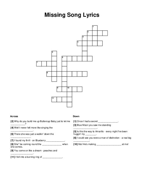 Missing Song Lyrics Crossword Puzzle