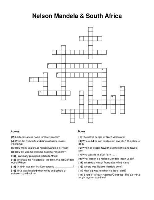 Nelson Mandela & South Africa Crossword Puzzle