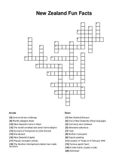 New Zealand Fun Facts Crossword Puzzle
