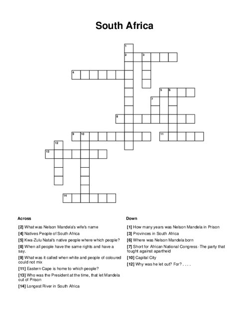 South Africa Crossword Puzzle