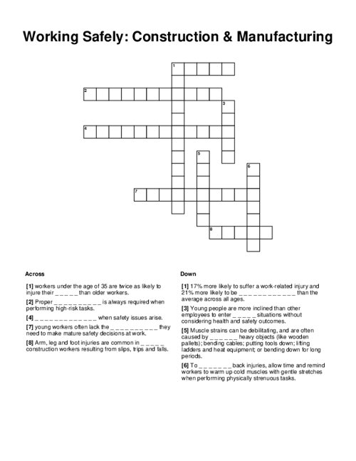 Working Safely Construction Manufacturing Crossword