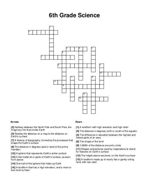 6th Grade Science Crossword Puzzle