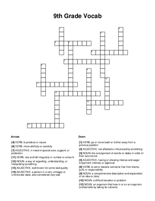 9th Grade Vocab Crossword Puzzle