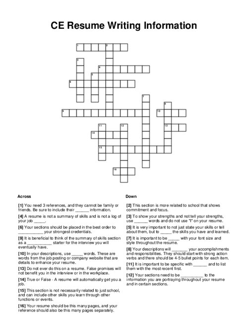 CE Resume Writing Information Crossword Puzzle