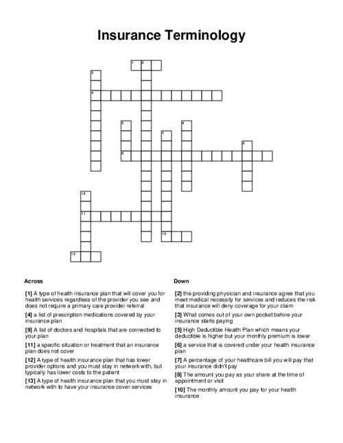 Insurance Terminology Crossword Puzzle