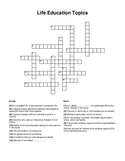 Life Education Topics Crossword Puzzle
