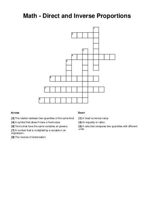 Math Direct and Inverse Proportions Crossword Puzzle