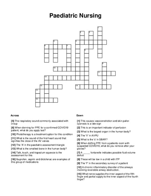 Paediatric Nursing Crossword Puzzle