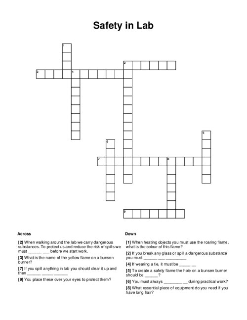 Safety in Lab Crossword Puzzle