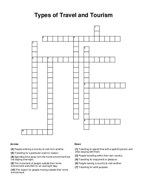 Types of Travel and Tourism Crossword Puzzle