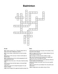 Badminton Crossword Puzzle