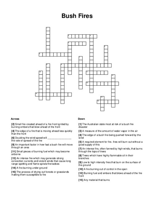 Bush Fires Crossword Puzzle