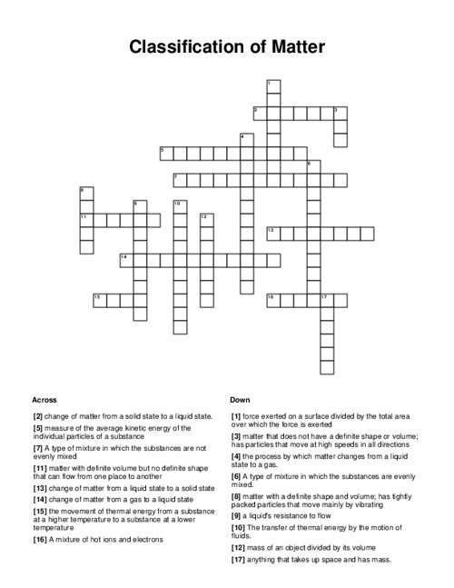 Classification of Matter Crossword Puzzle