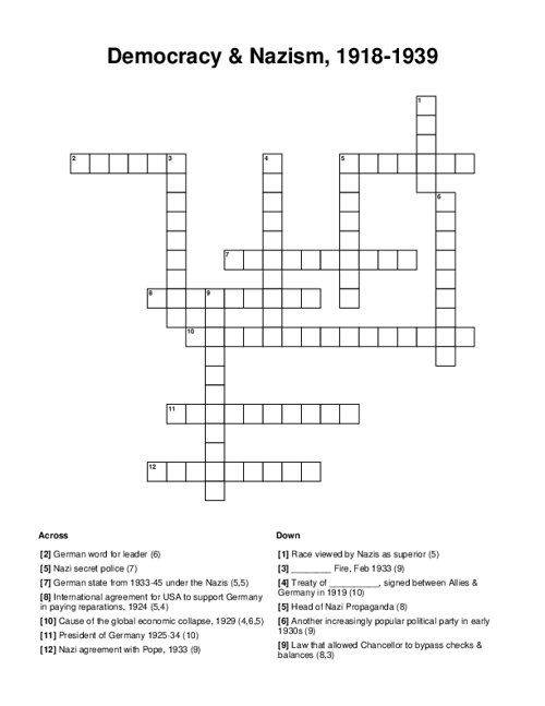 Democracy & Nazism, 1918-1939 Crossword Puzzle