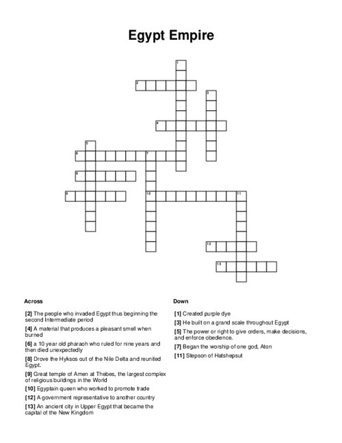 Egypt Empire Crossword Puzzle