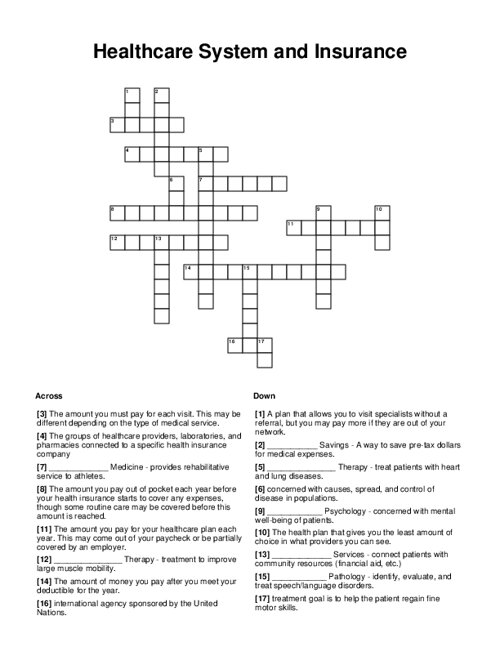 Healthcare System and Insurance Crossword Puzzle