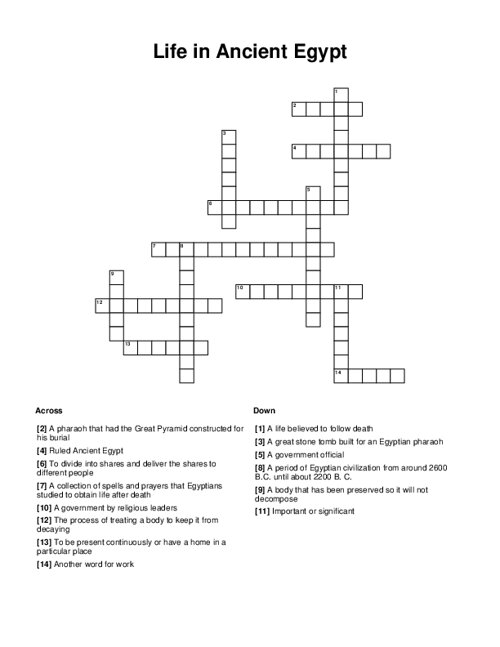 Life in Ancient Egypt Crossword Puzzle