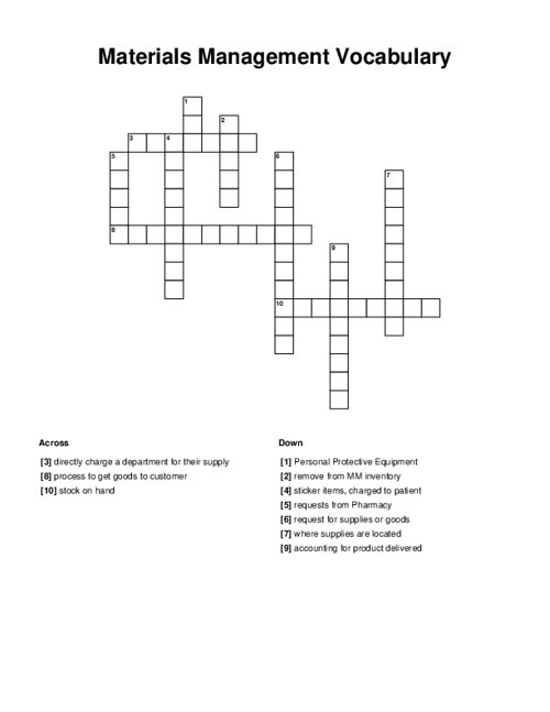 Materials Management Vocabulary Crossword Puzzle