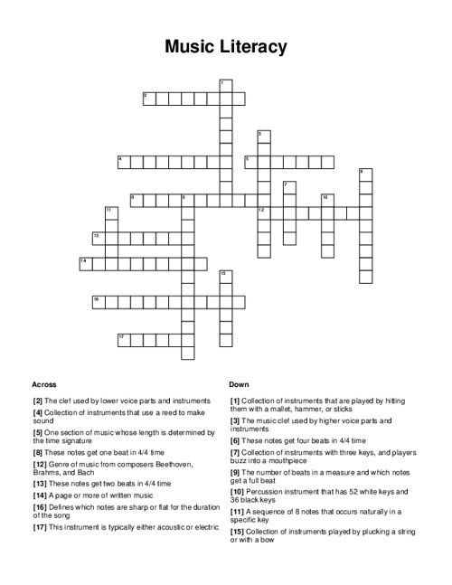 Music Literacy Crossword Puzzle