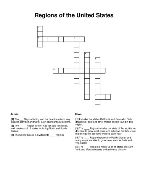 Regions of the United States Crossword Puzzle