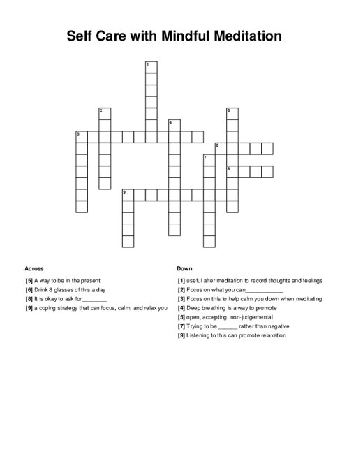 Self Care with Mindful Meditation Crossword Puzzle