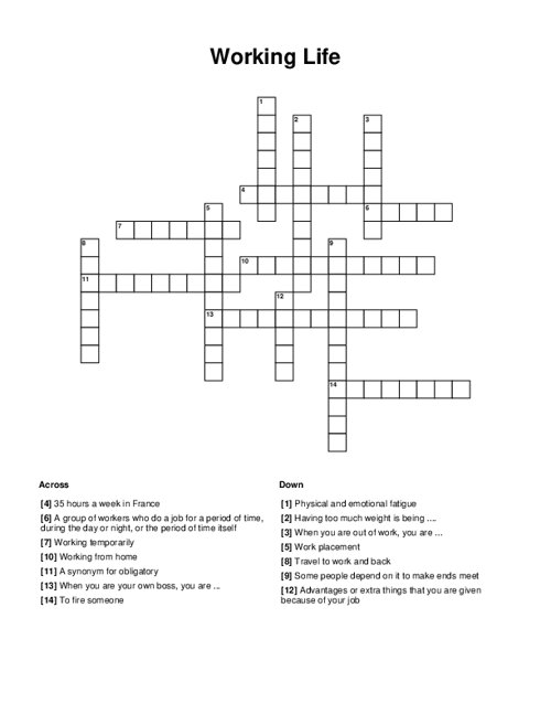 Working Life Crossword Puzzle