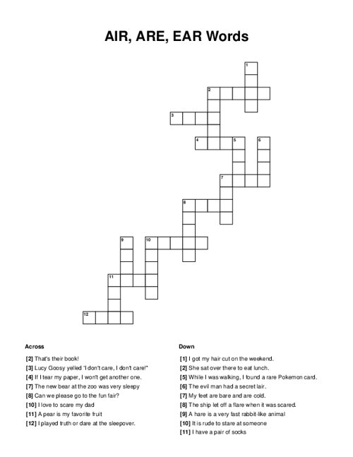 AIR, ARE, EAR Words Crossword Puzzle