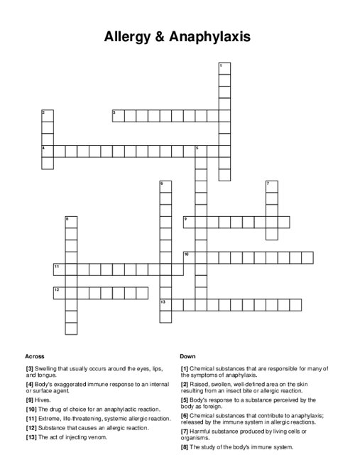 Allergy & Anaphylaxis Crossword Puzzle