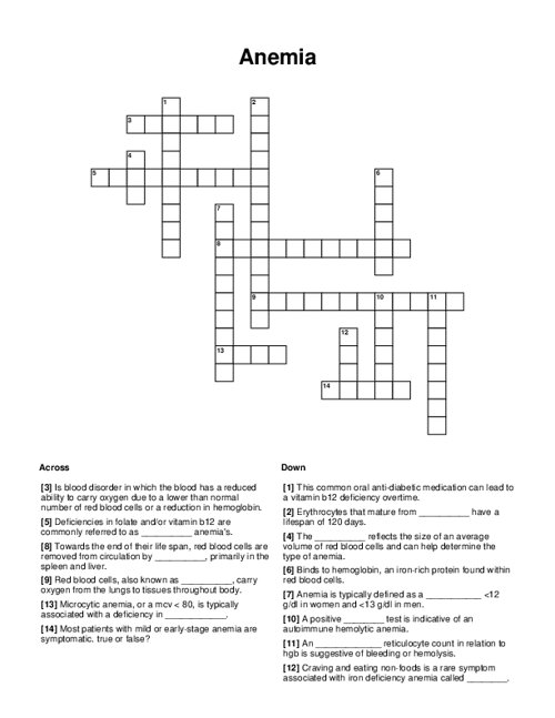 Anemia Crossword Puzzle