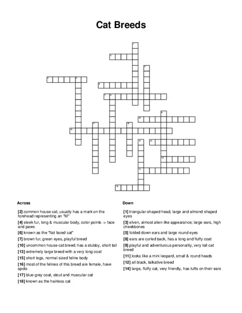 Cat Breeds Crossword Puzzle