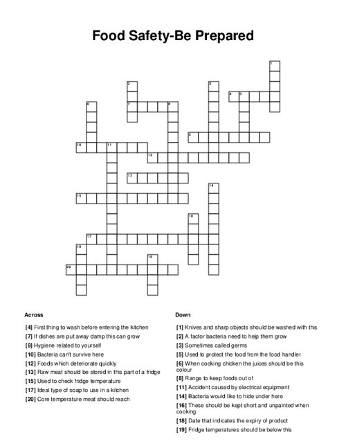 Food Safety-Be Prepared Crossword Puzzle