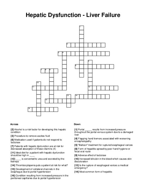 Hepatic Dysfunction Liver Failure Crossword Puzzle