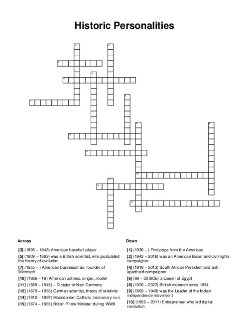 Historic Personalities Crossword Puzzle